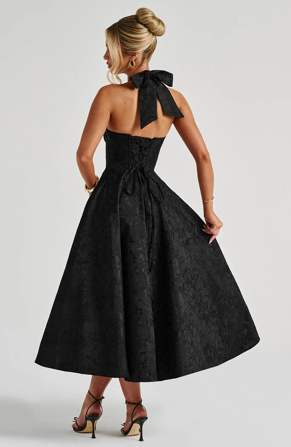 Floral Jacquard Halter Neck Midi Dress