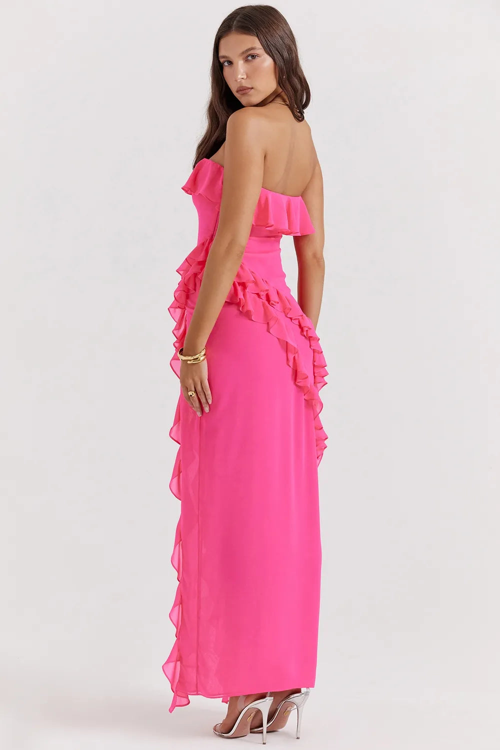 Petal-Hued Ruffle Strapless Maxi Dress
