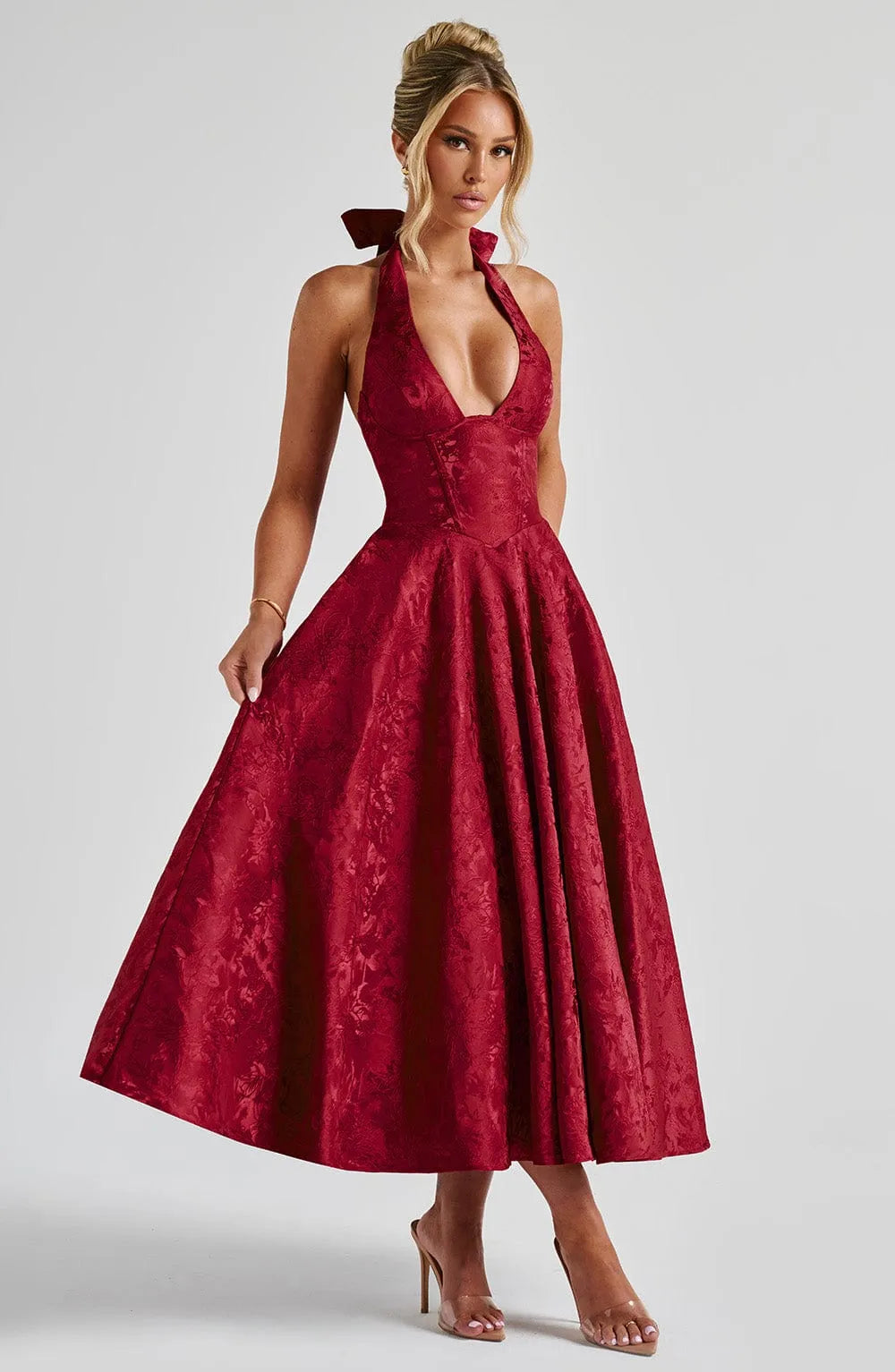 Floral Jacquard Halter Neck Midi Dress