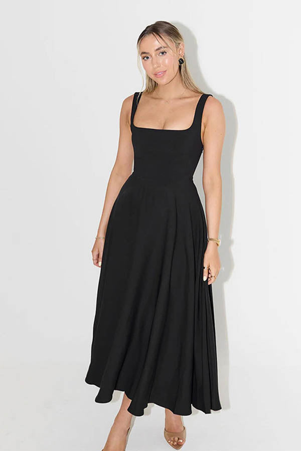 High Waisted Square Neck Midi Dress