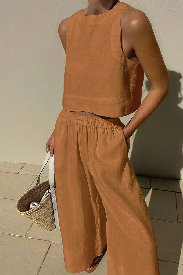 Sleeveless Shirt Wide Leg Pants Two Piece Set