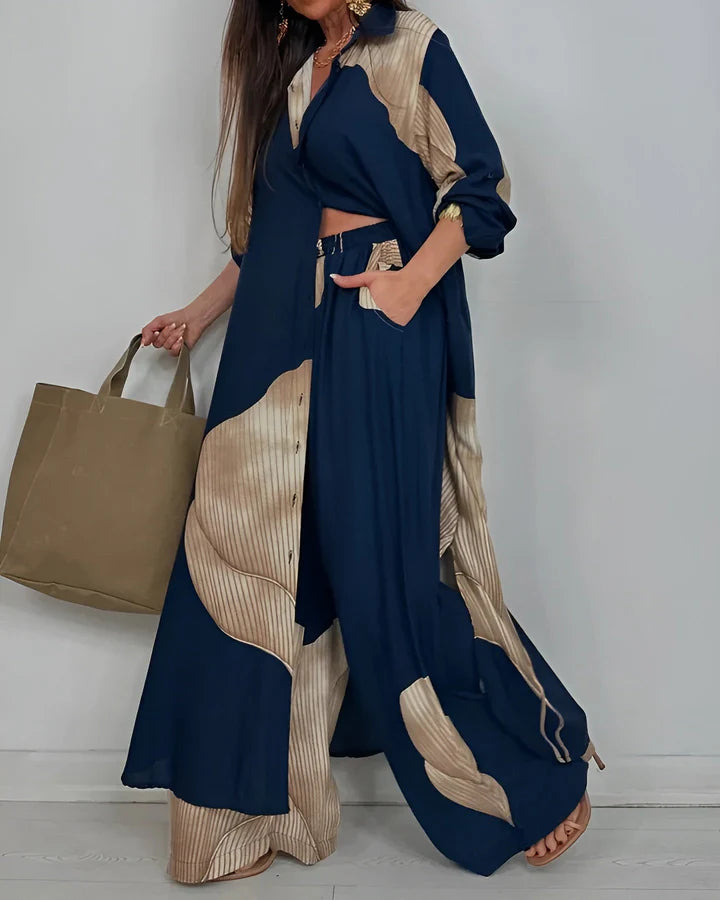 Artistic Print Set - Flowy Blouse & Trousers for Modern Comfort and Charm