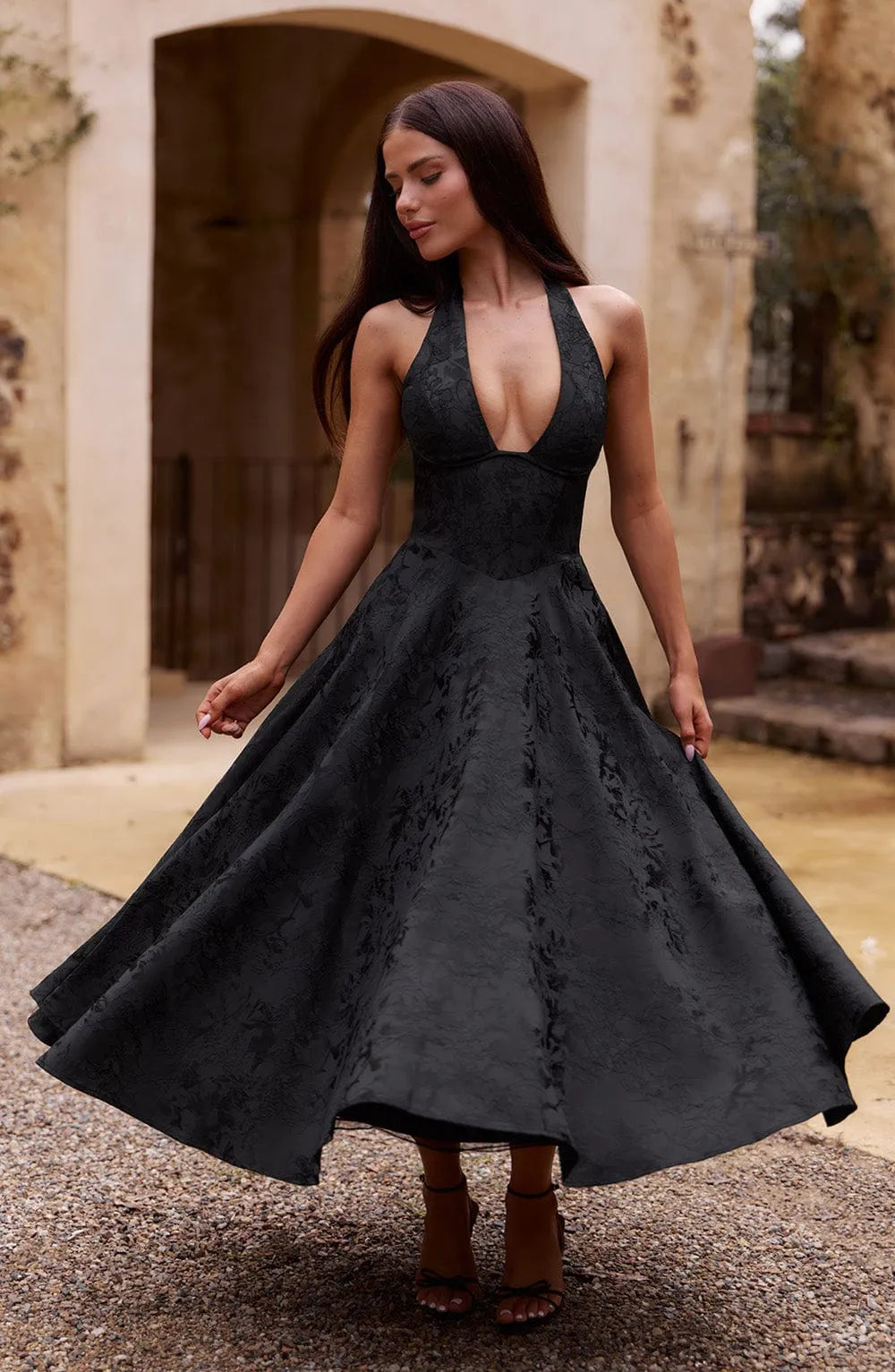 Floral Jacquard Halter Neck Midi Dress
