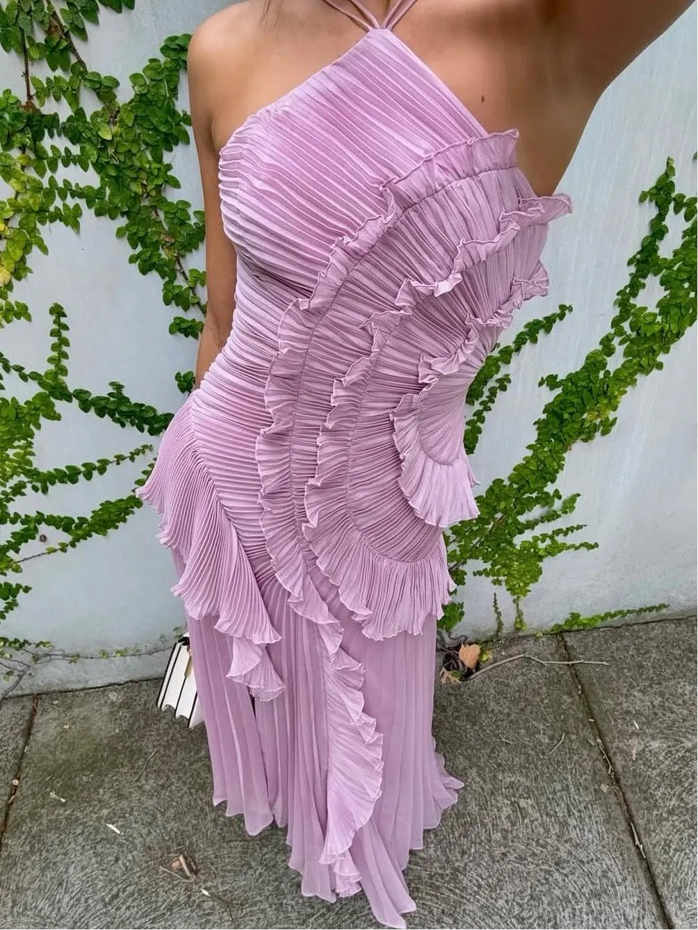 Pleated Frill Halter Neck Midi Dress