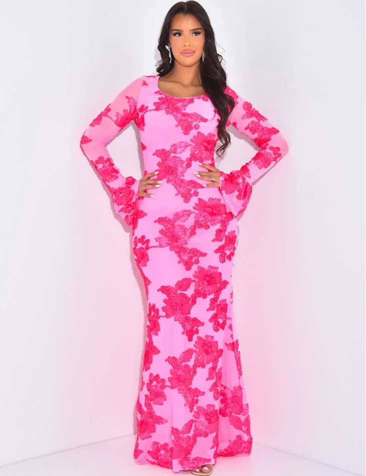 Daniela Floral Embossed Long Sleeve Bodycon Maxi Dress