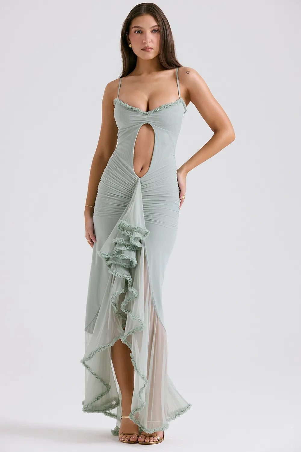 Statement Cutout Midriff Ruffle Front Gown