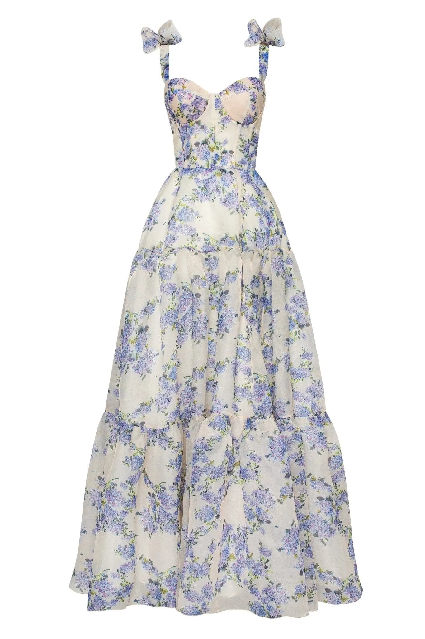 Hydrangea Floral Print Organza Maxi Dress with Tie Straps & Corset Bodice
