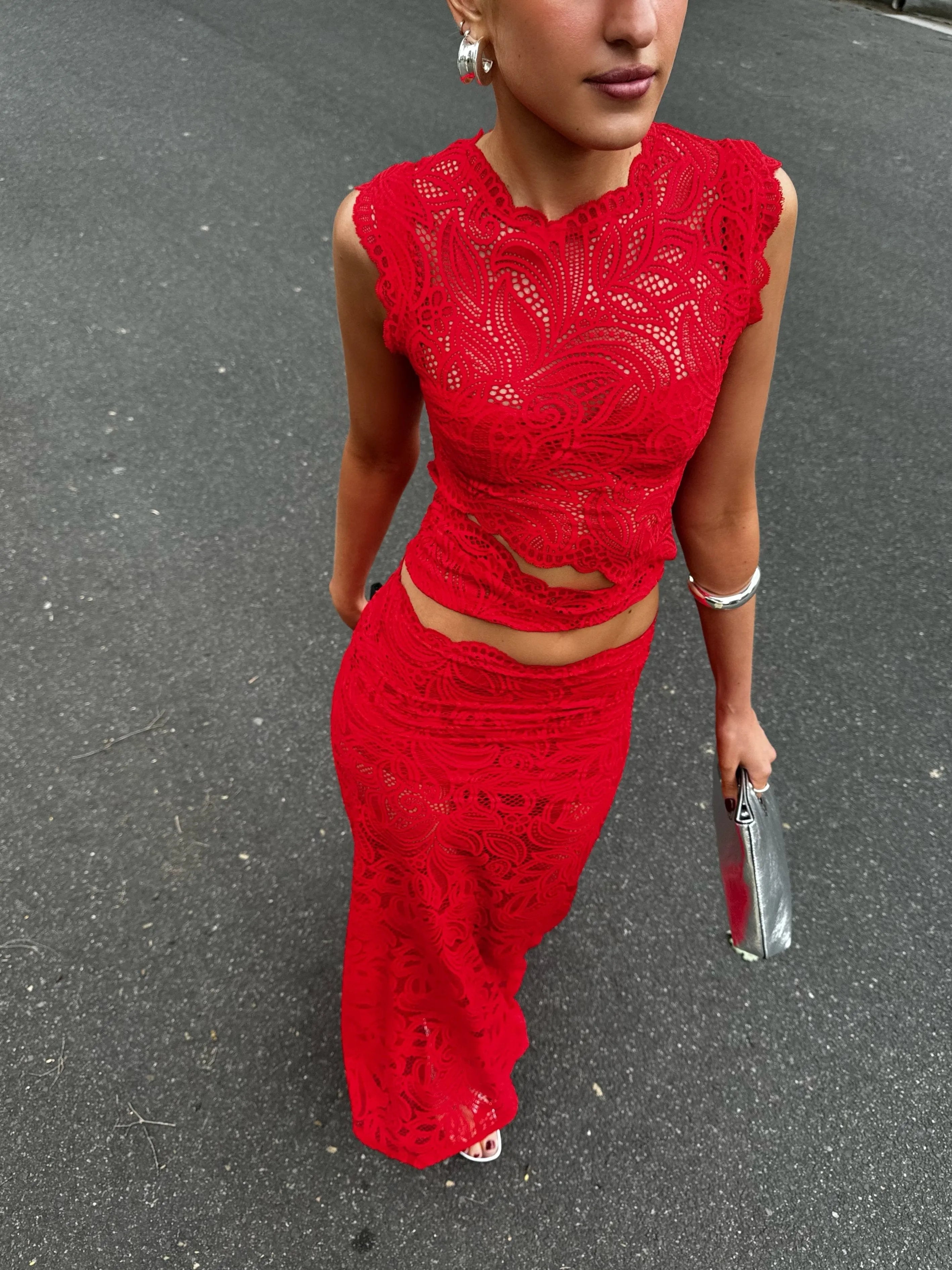 Rocelle Lace Duo Set: Bold Crop Top & Maxi Skirt
