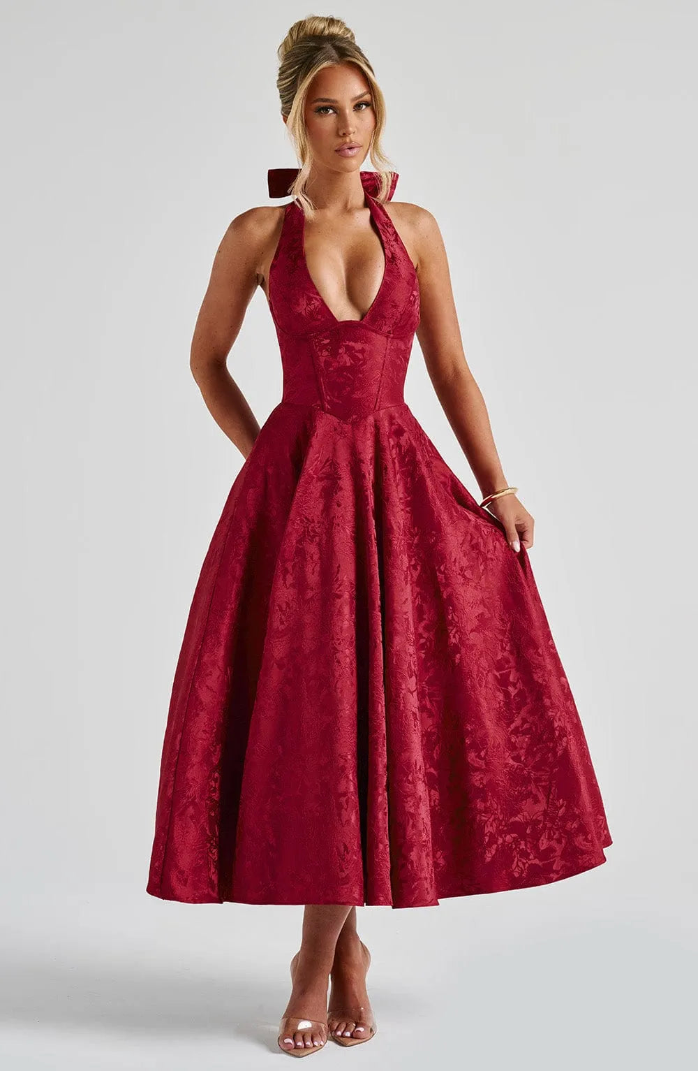 Floral Jacquard Halter Neck Midi Dress