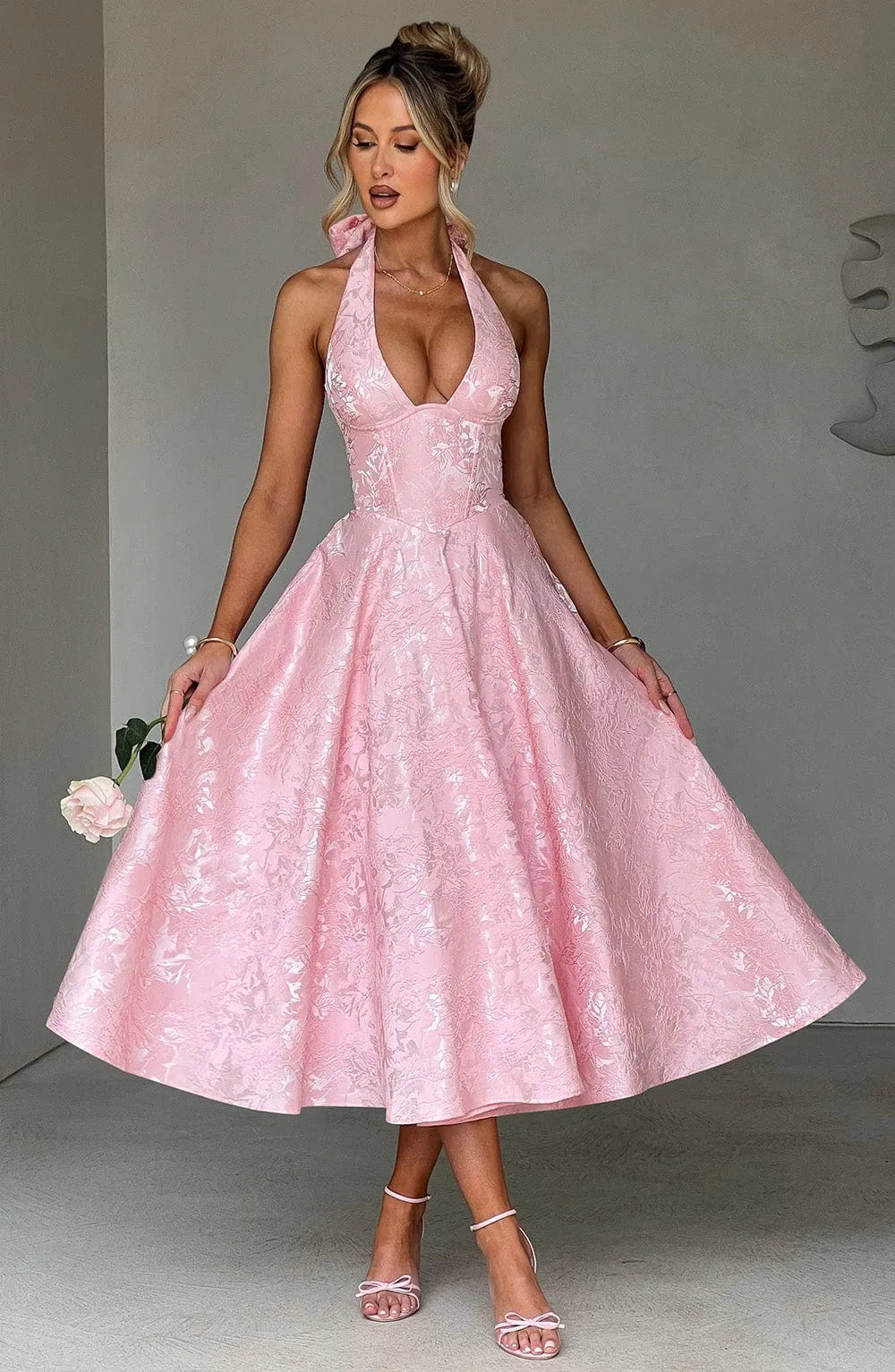 Floral Jacquard Halter Neck Midi Dress