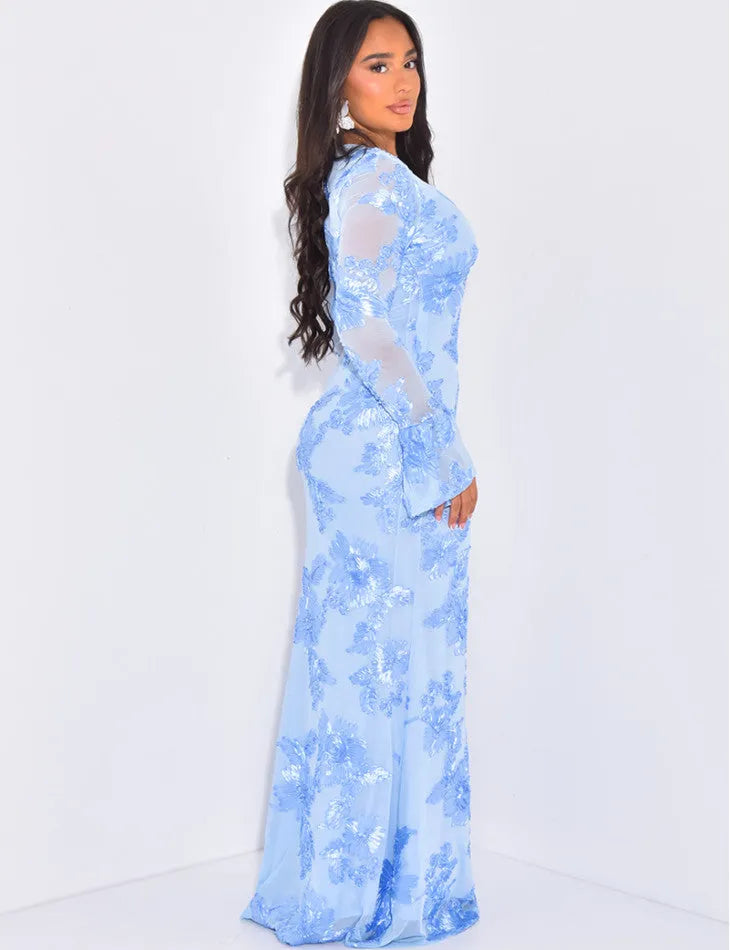 Daniela Floral Embossed Long Sleeve Bodycon Maxi Dress