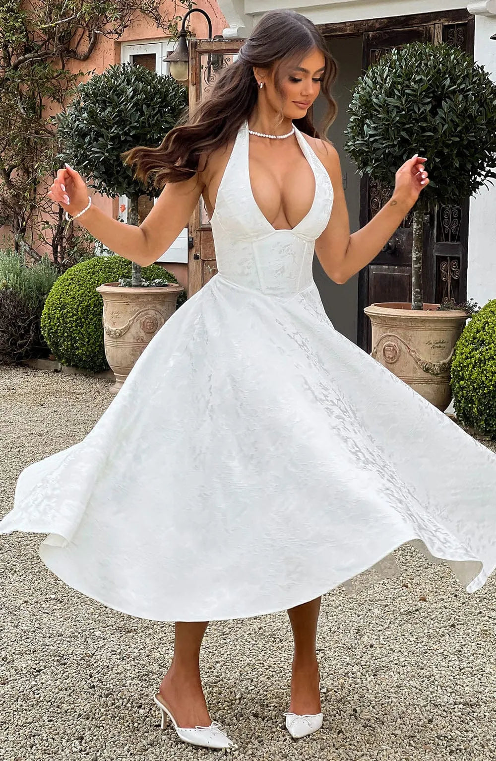 Floral Jacquard Halter Neck Midi Dress