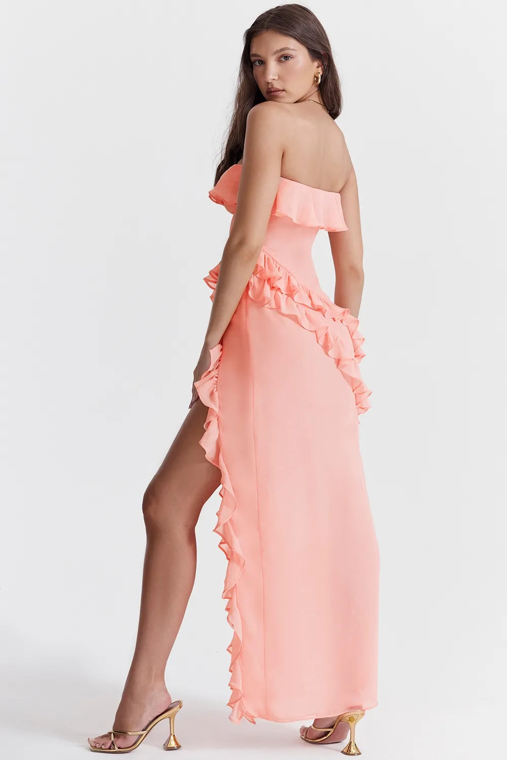 Petal-Hued Ruffle Strapless Maxi Dress