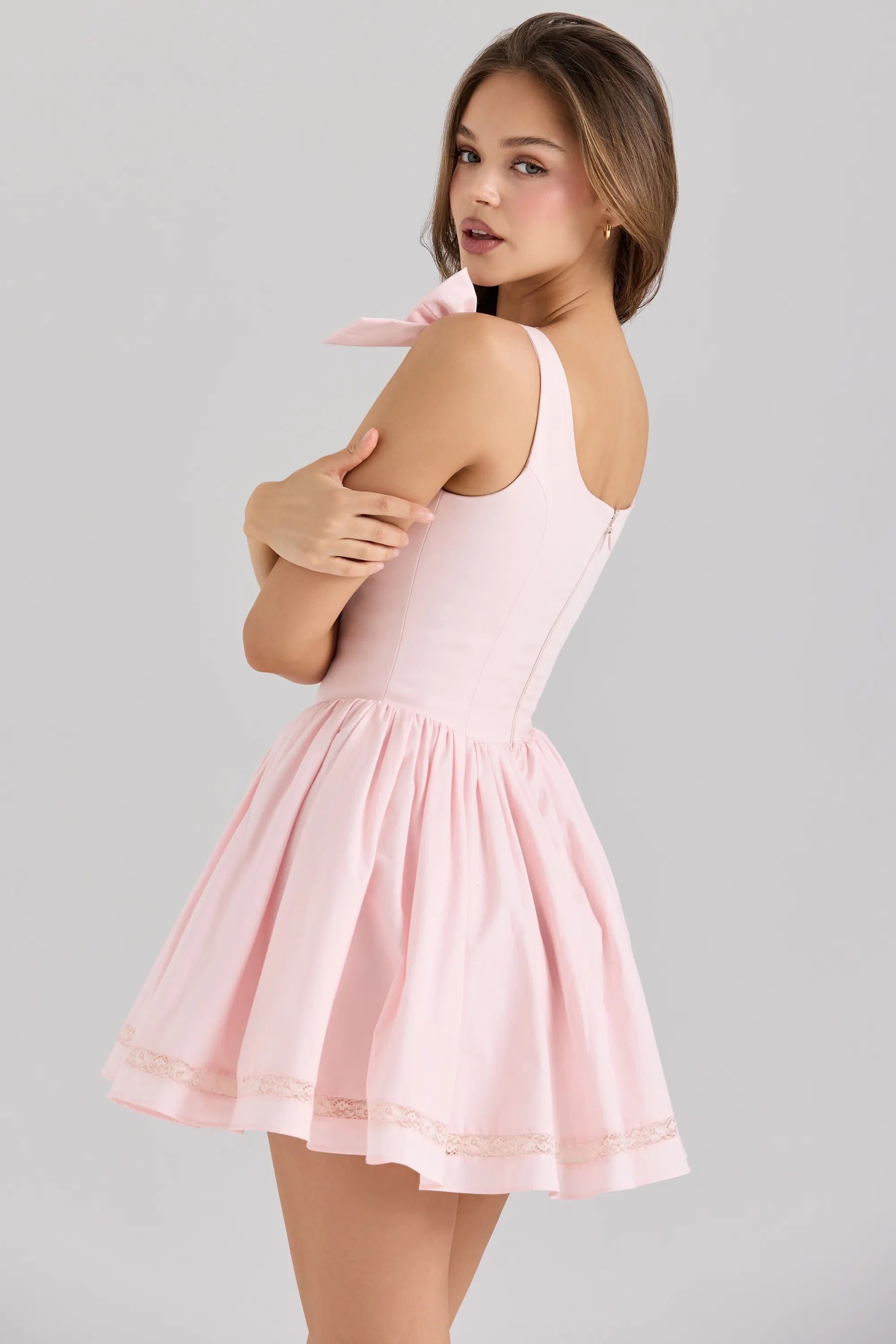 Pink Stretch Cotton Mini Dress with Tulle Lining & Bow Straps