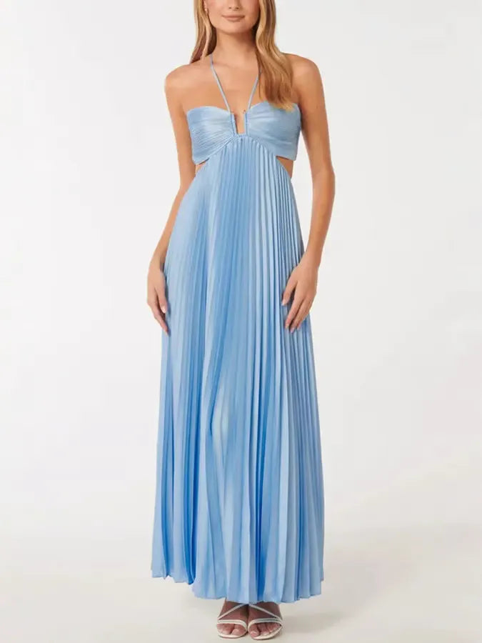 Cut-Out Back Tie Halter Plisse Maxi Dress