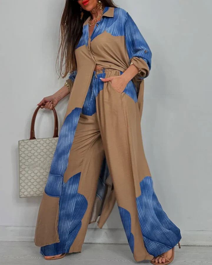 Artistic Print Set - Flowy Blouse & Trousers for Modern Comfort and Charm