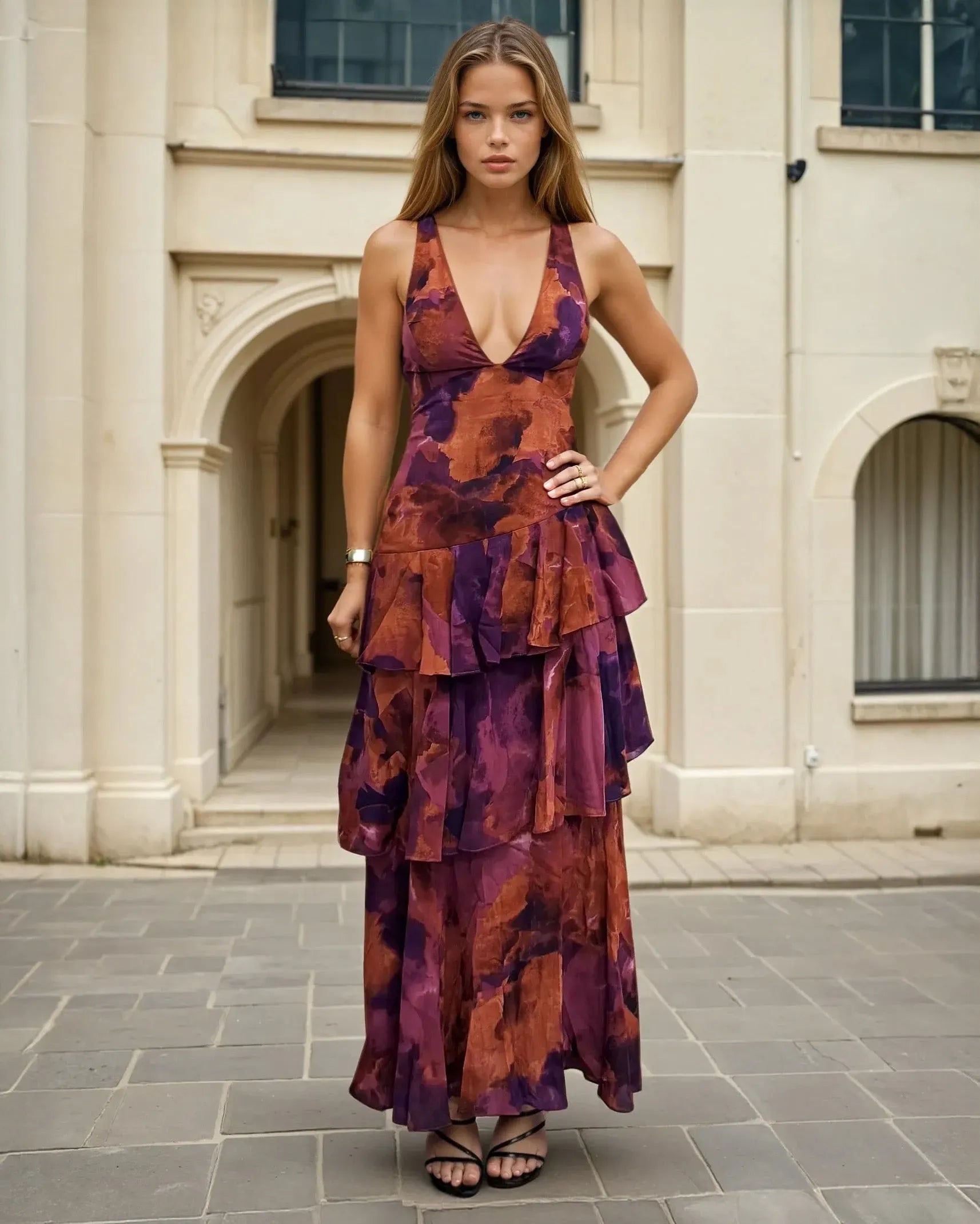 Sleeveless Deep V-Neck Floral Print Tiered Ruffle Dress - Strappy Back Detail