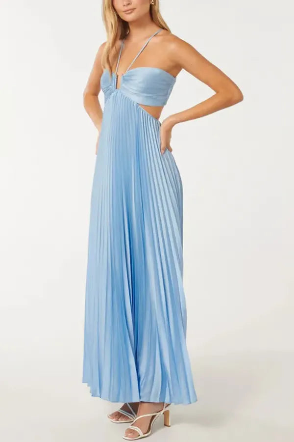 Cut-Out Back Tie Halter Plisse Maxi Dress