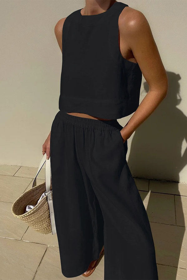Sleeveless Shirt Wide Leg Pants Two Piece Set