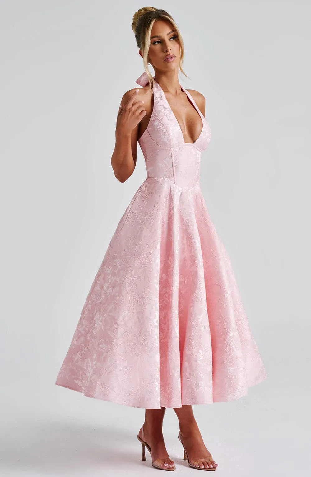 Floral Jacquard Halter Neck Midi Dress