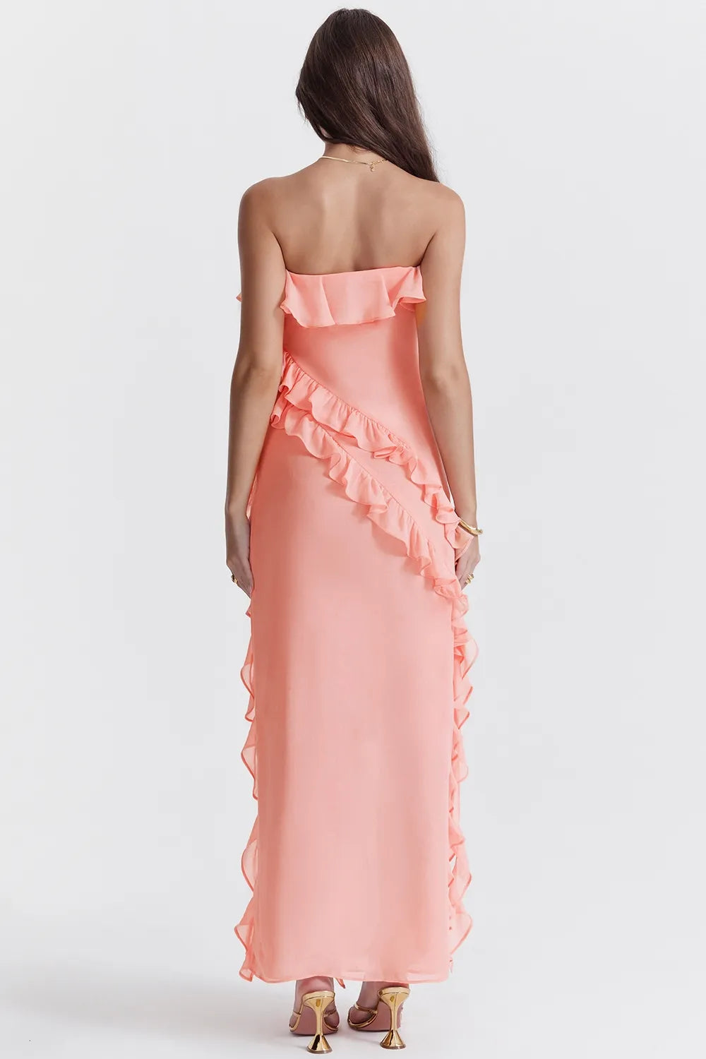Petal-Hued Ruffle Strapless Maxi Dress
