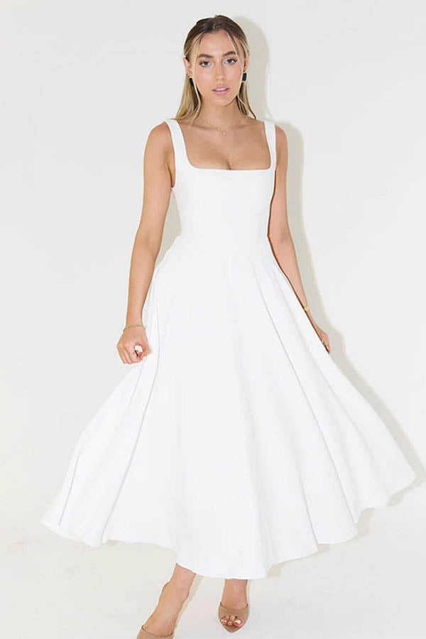 High Waisted Square Neck Midi Dress
