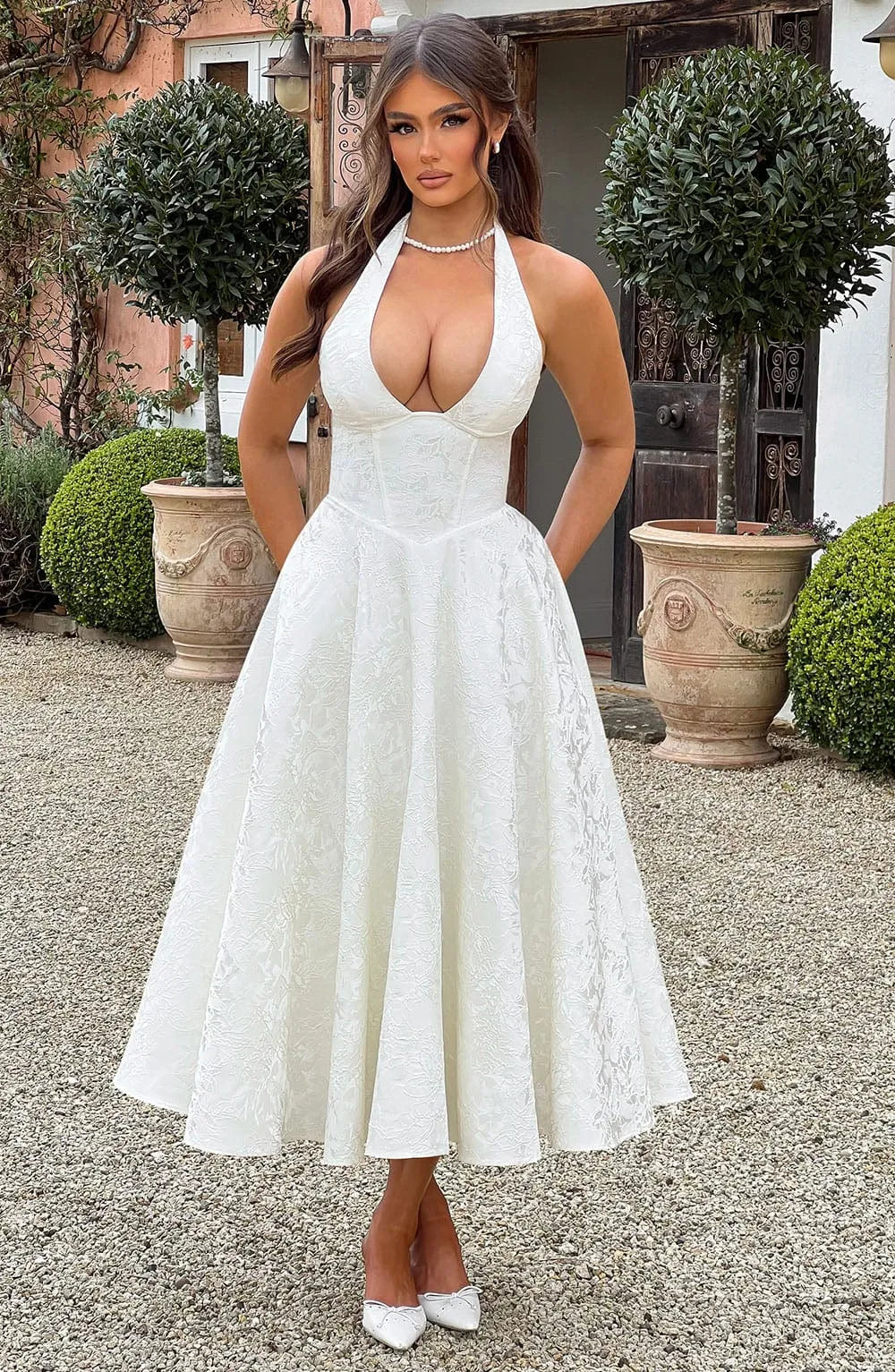 Floral Jacquard Halter Neck Midi Dress