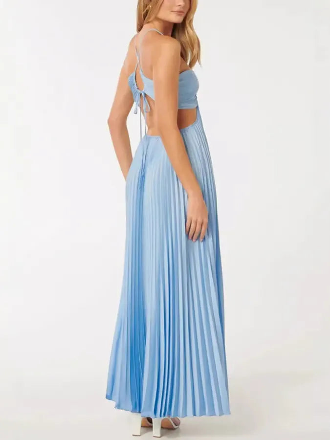 Cut-Out Back Tie Halter Plisse Maxi Dress