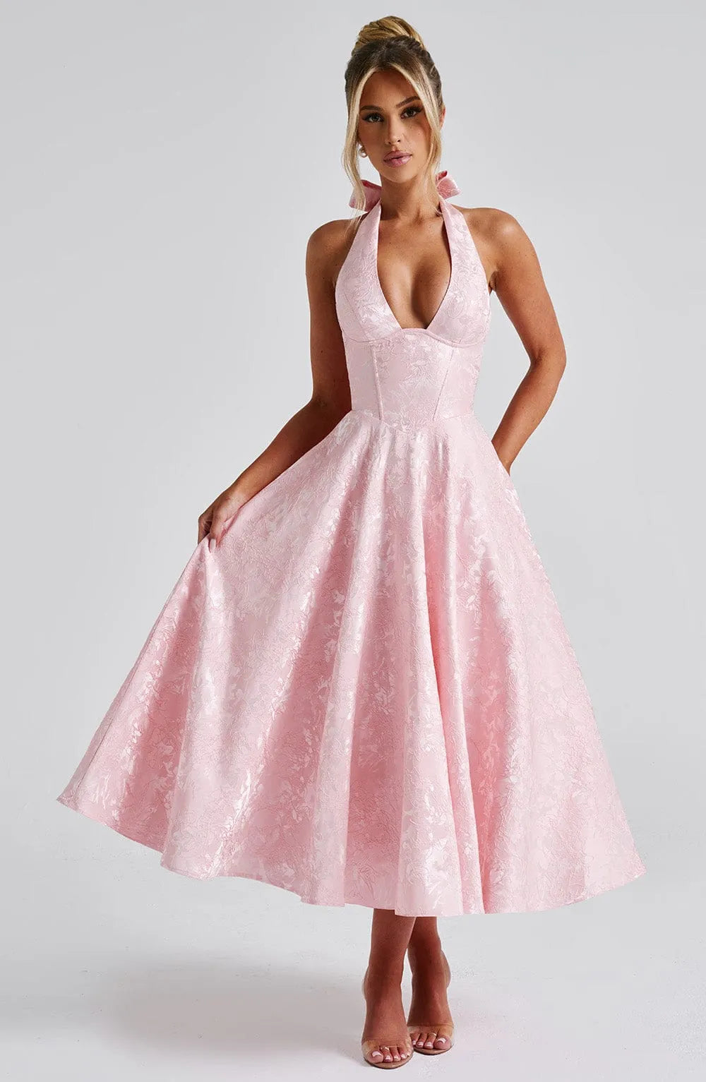 Floral Jacquard Halter Neck Midi Dress