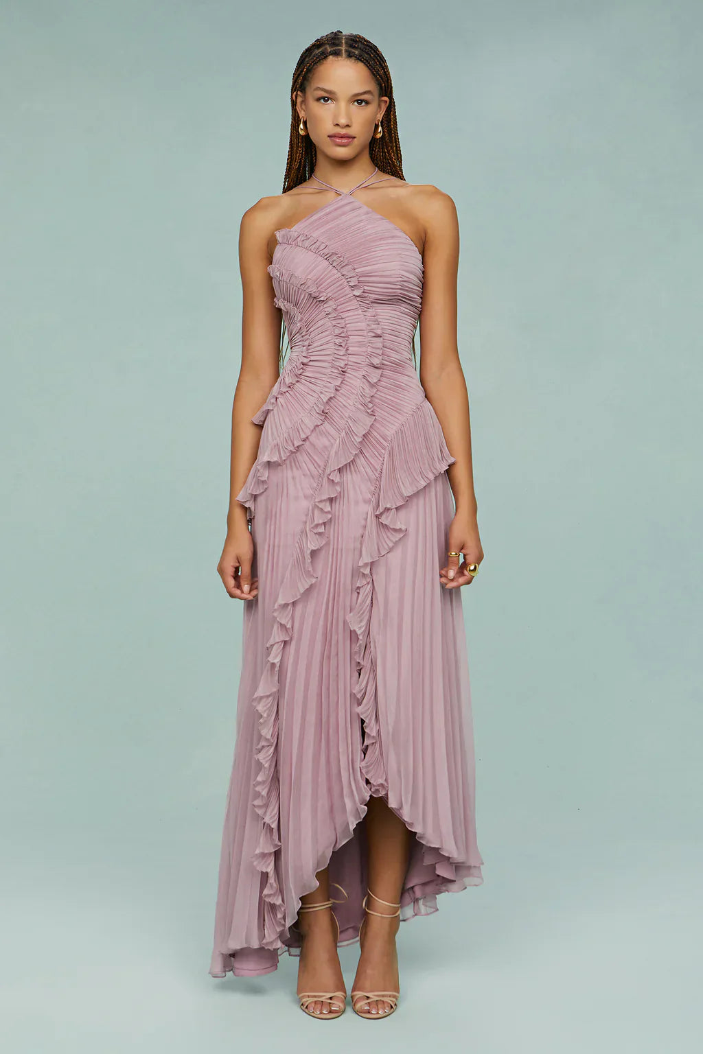 Romantic Dusty Lilac Maxi Dress - Sustainable Polyester with Lily Pad Pleating