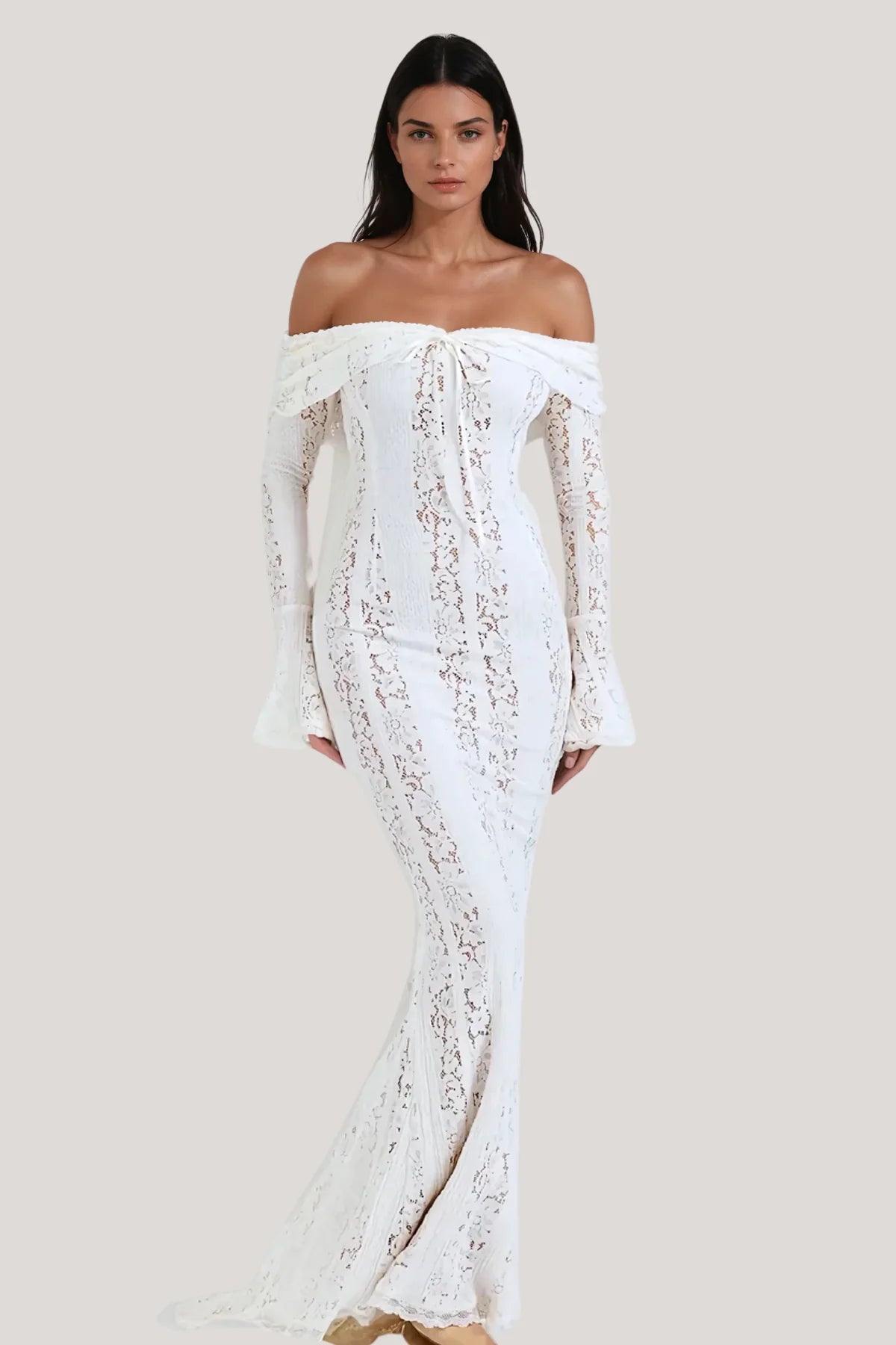 American Chic Lace Maxi Dress - Strapless Tail Skirt with Elegant Flared Sleeves