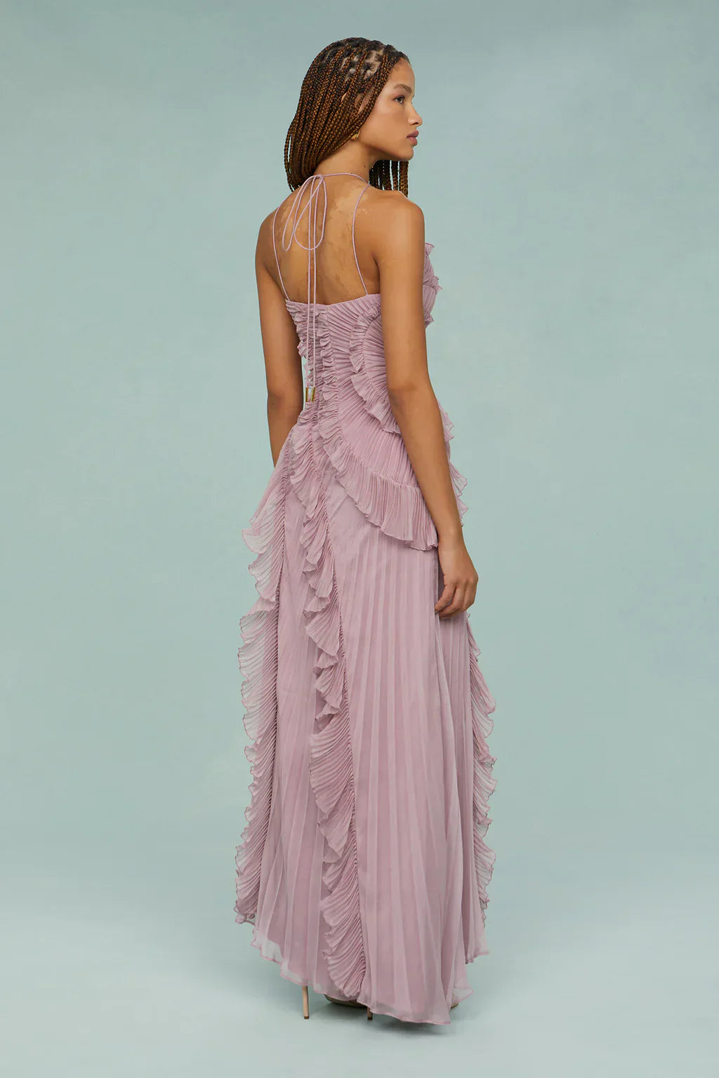Romantic Dusty Lilac Maxi Dress - Sustainable Polyester with Lily Pad Pleating