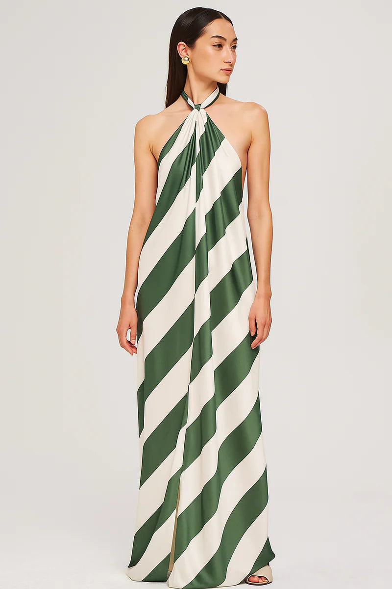 2025 Spring Floral Halter Maxi Dress - Vibrant Green with Casual Chic Flair