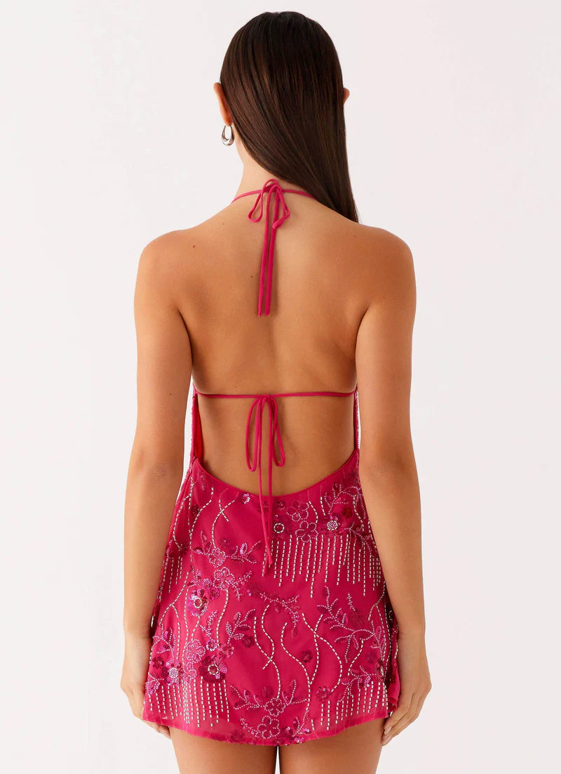 2025 Champagne Beaded Halter Mini Dress - Sultry Hand-Embroidered Floral Glam