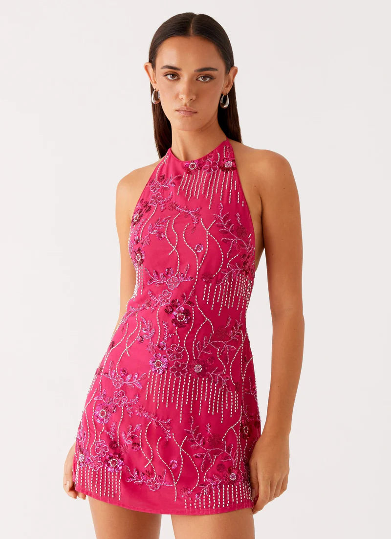 2025 Champagne Beaded Halter Mini Dress - Sultry Hand-Embroidered Floral Glam