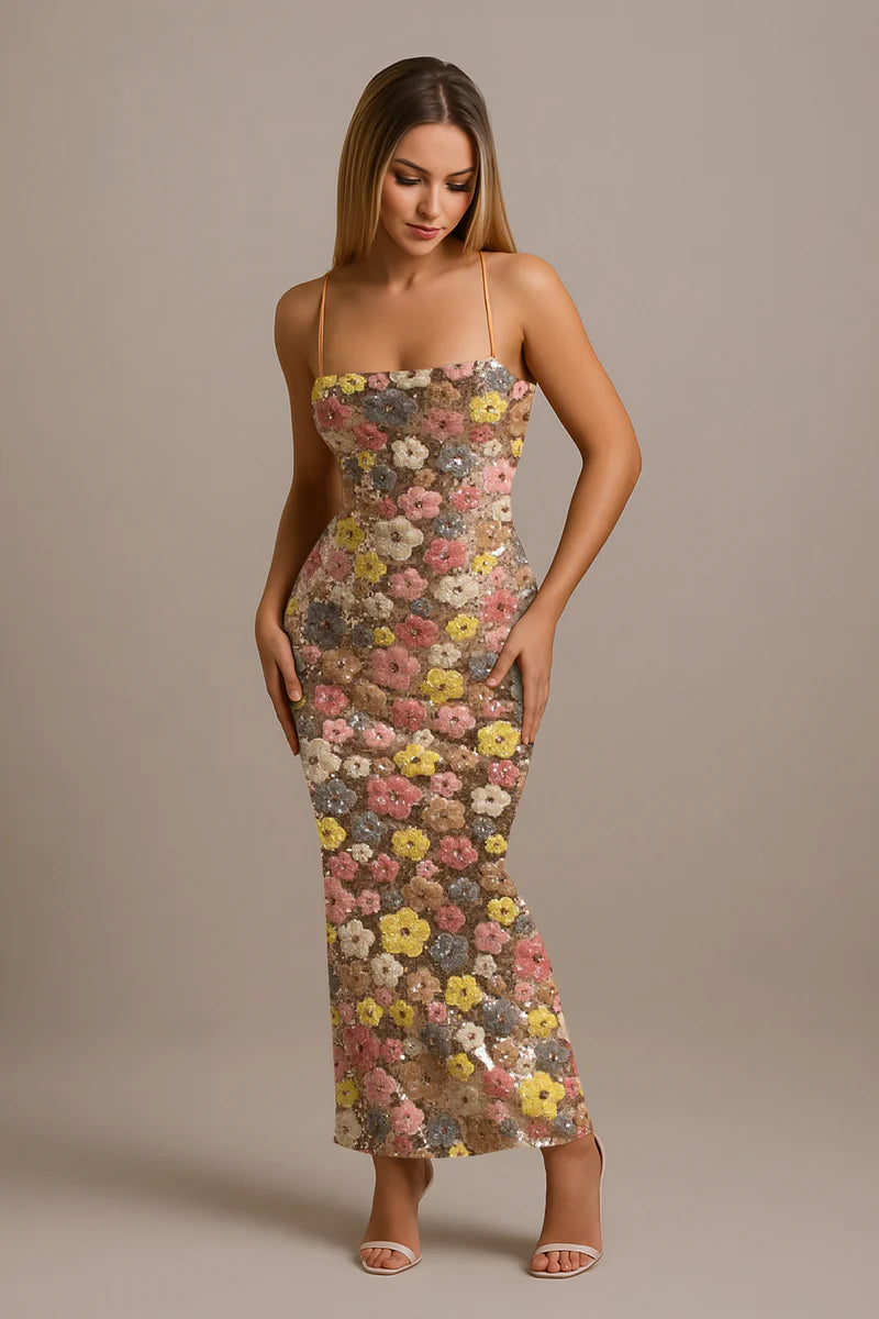 Floral Gingham Voile Dress - Romantic Lace-Up Back with Blooming Print for Spring