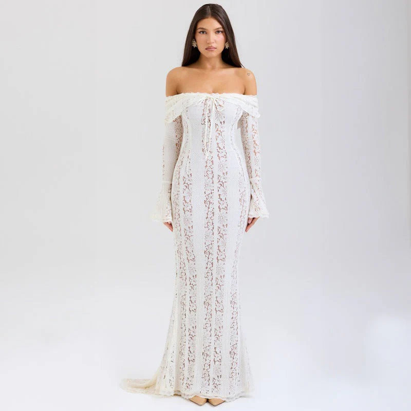 American Chic Lace Maxi Dress - Strapless Tail Skirt with Elegant Flared Sleeves
