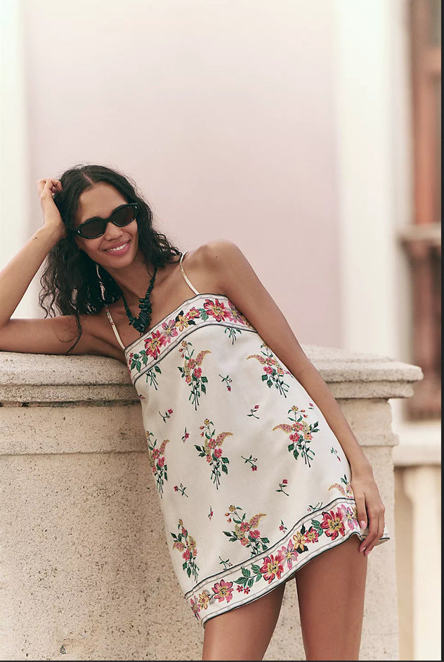2025 Floral Slip Midi Dress - Sweet Beige Linen Blend with Fresh Summery Charm