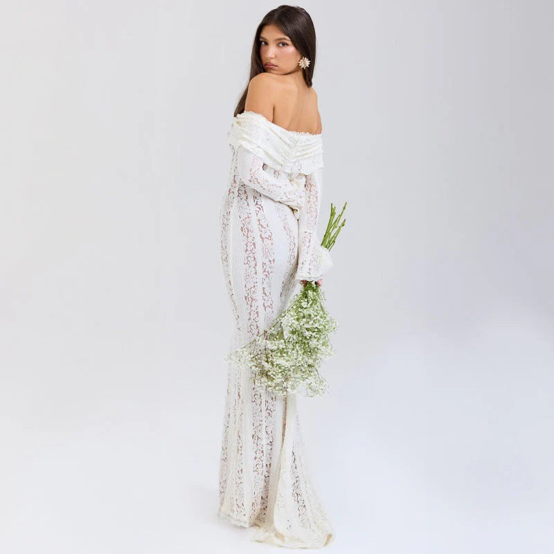 American Chic Lace Maxi Dress - Strapless Tail Skirt with Elegant Flared Sleeves