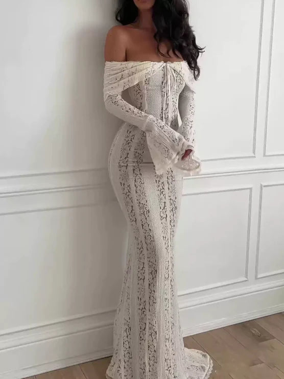 American Chic Lace Maxi Dress - Strapless Tail Skirt with Elegant Flared Sleeves