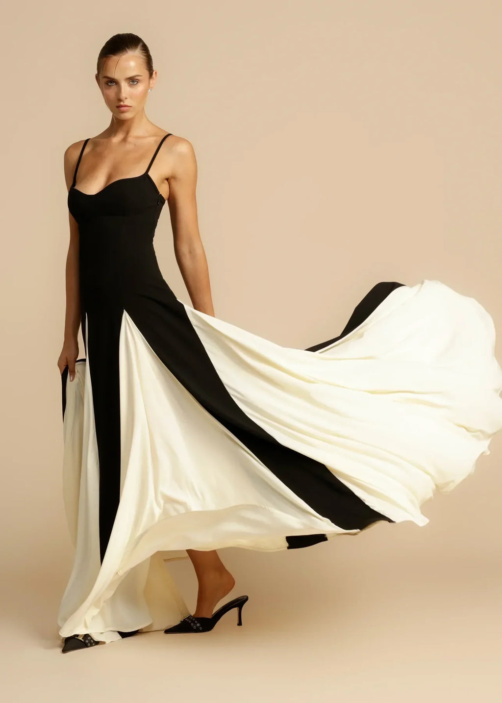 2025 Colorblock Slip Maxi Dress - Sexy Off-Shoulder A-Line with Flared Skirt