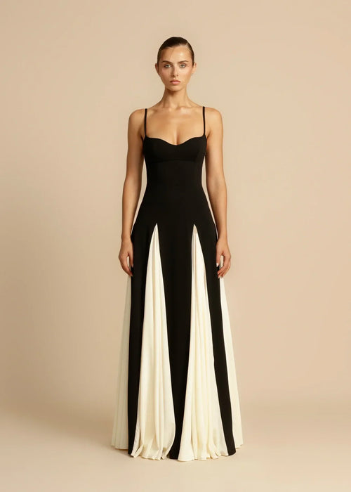 2025 Colorblock Slip Maxi Dress - Sexy Off-Shoulder A-Line with Flared Skirt