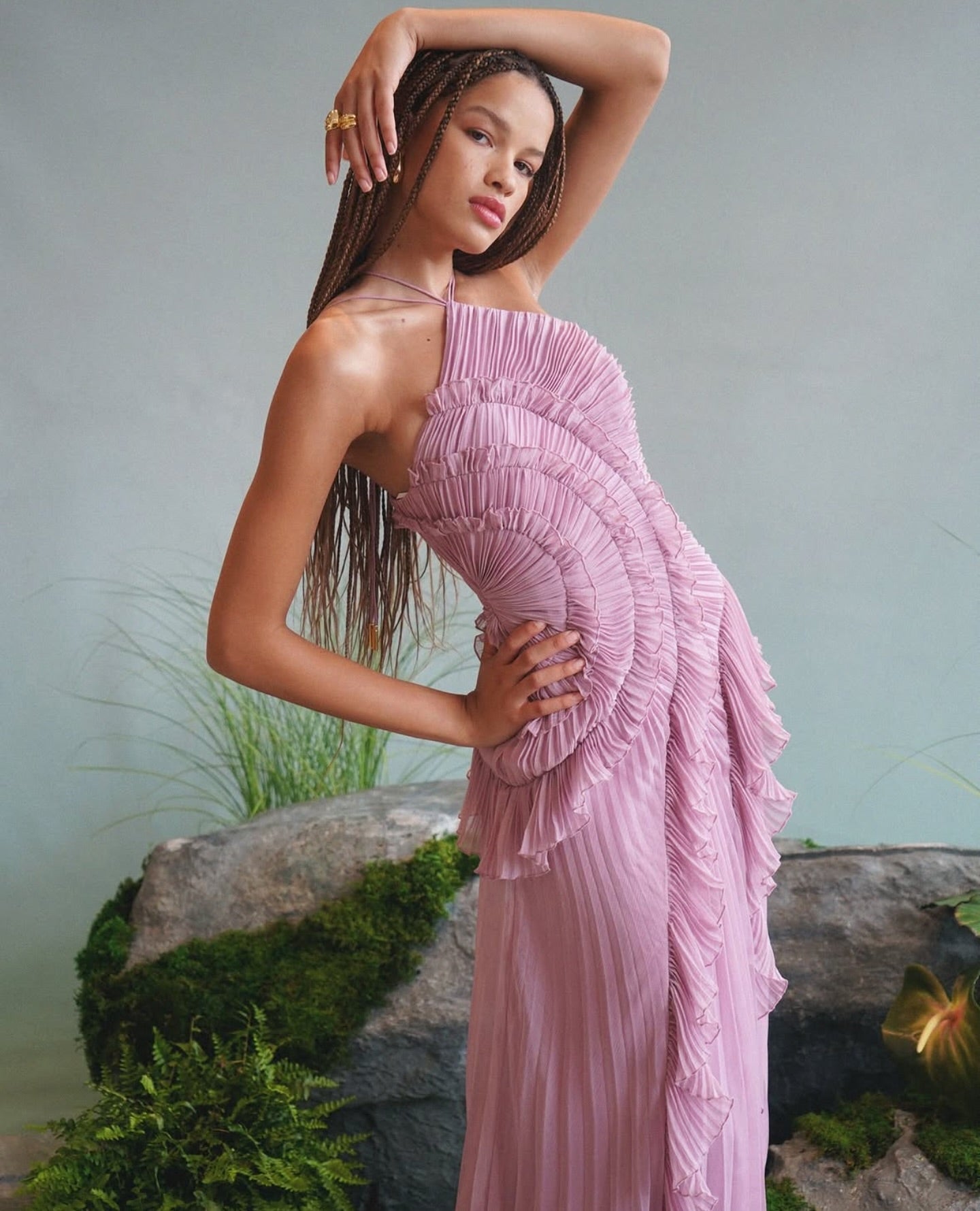 Pleated Frill Halter Neck Midi Dress