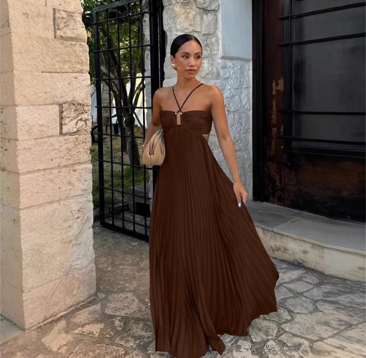 Cut-Out Back Tie Halter Plisse Maxi Dress