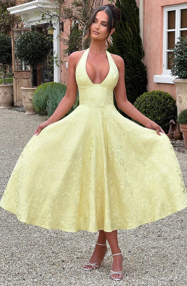 Floral Jacquard Halter Neck Midi Dress