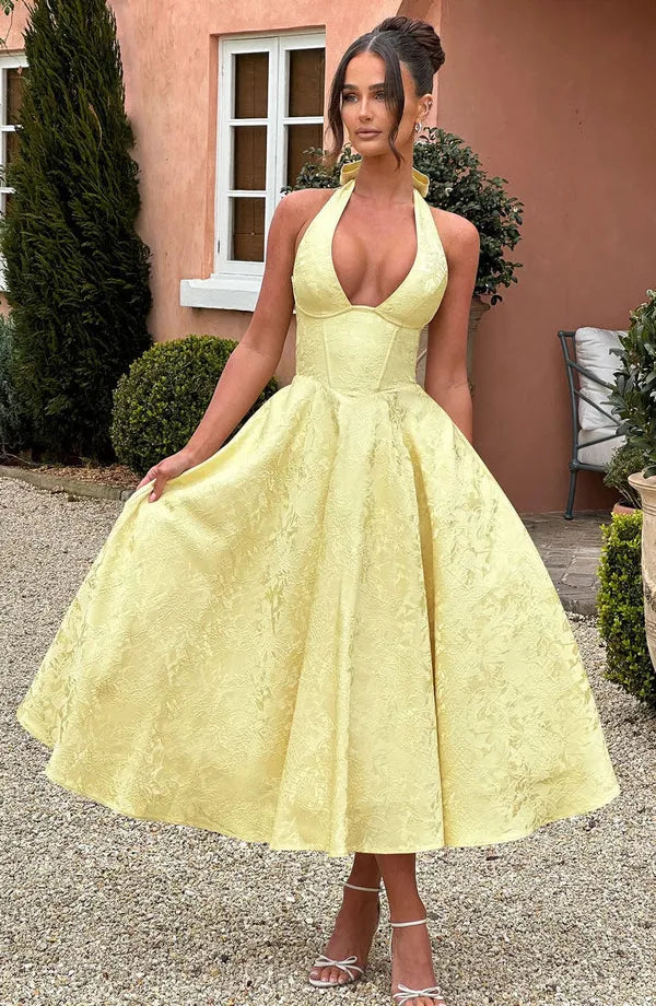 Floral Jacquard Halter Neck Midi Dress