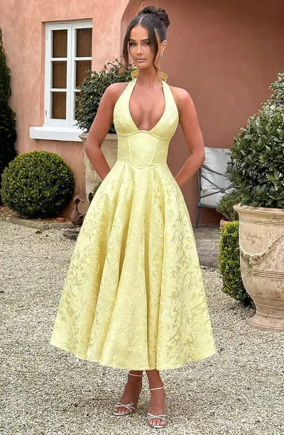 Floral Jacquard Halter Neck Midi Dress