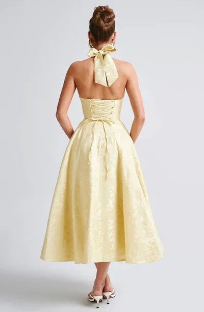 Floral Jacquard Halter Neck Midi Dress