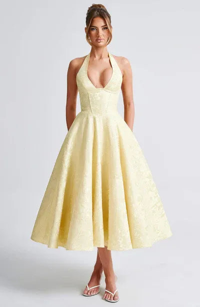 Floral Jacquard Halter Neck Midi Dress