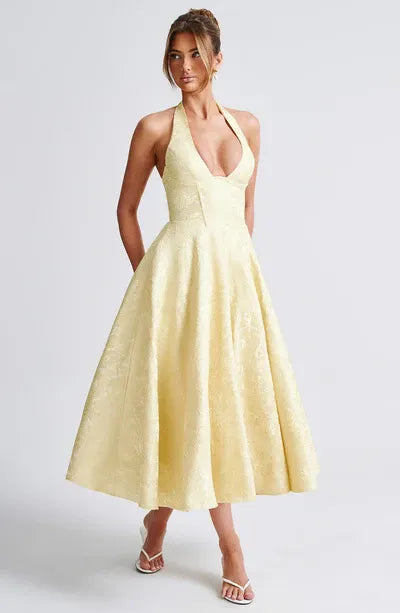 Floral Jacquard Halter Neck Midi Dress
